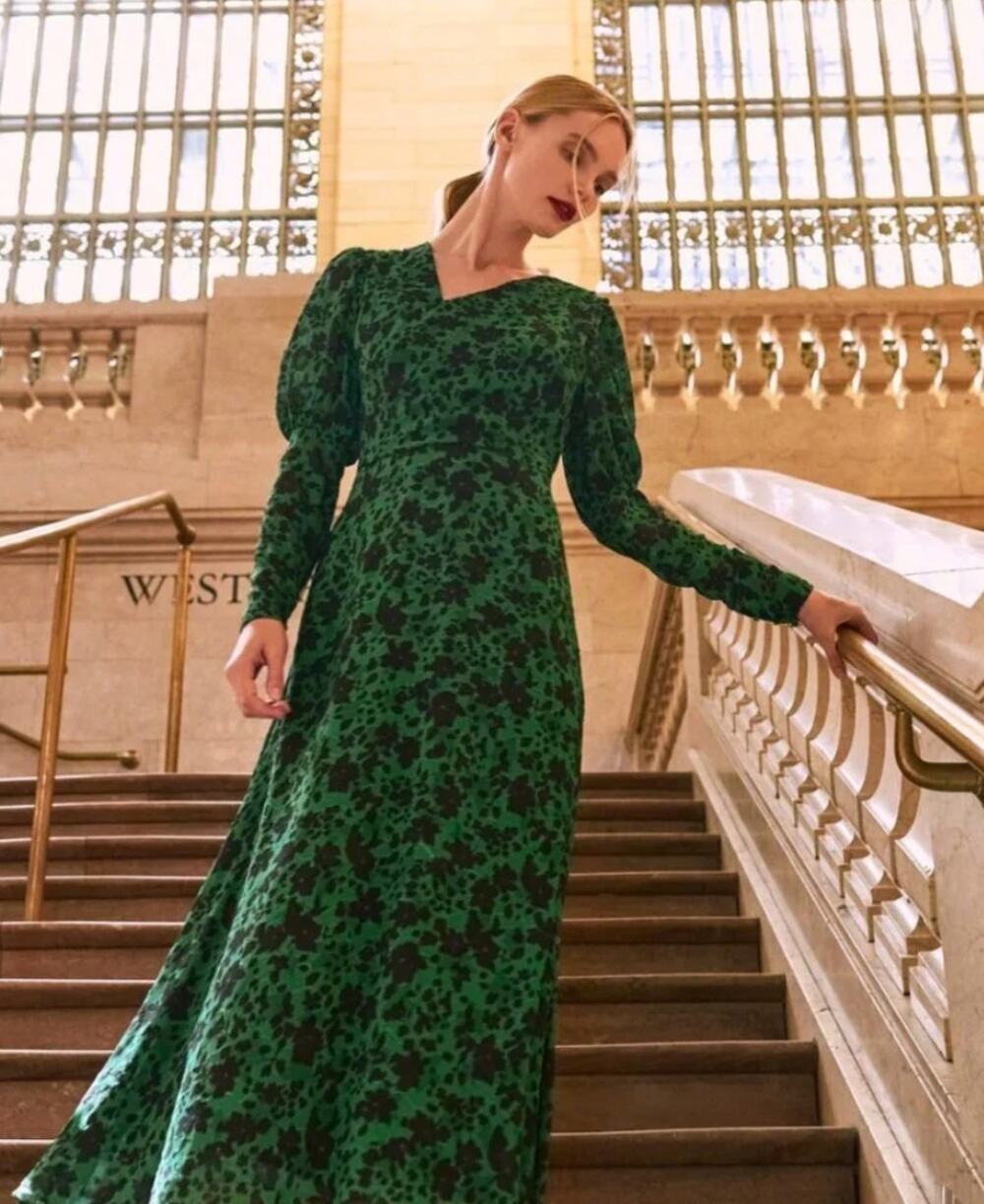 Pearl By Rose Emerald Green Floral Jacquard Asymmetrical MIDI Dress Size 10